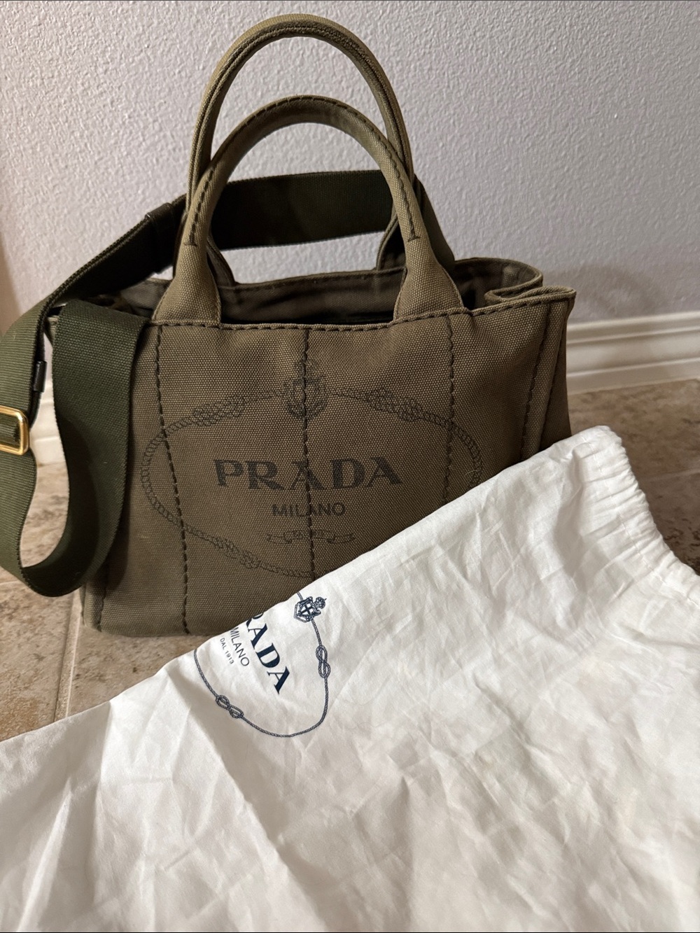 Prada Olive Green Canvas Small Messenger Tote